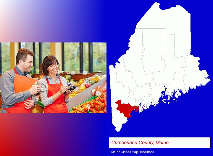 two grocers working in a grocery store; Cumberland County, Maine highlighted in red on a map