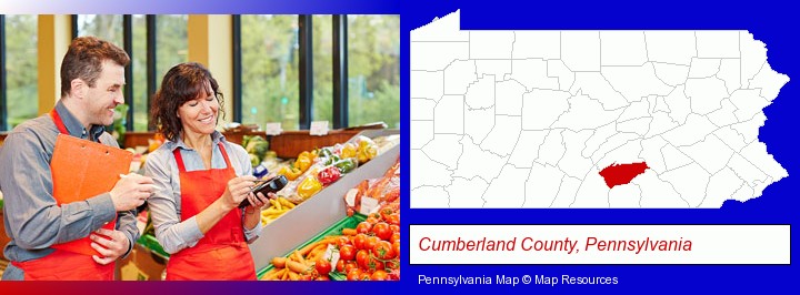 two grocers working in a grocery store; Cumberland County, Pennsylvania highlighted in red on a map
