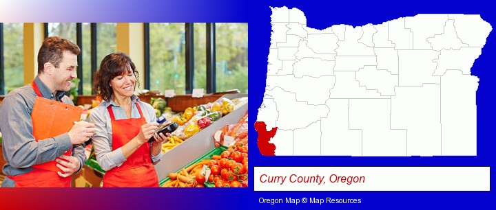 two grocers working in a grocery store; Curry County, Oregon highlighted in red on a map