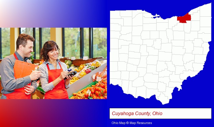 two grocers working in a grocery store; Cuyahoga County, Ohio highlighted in red on a map