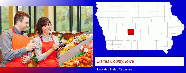 two grocers working in a grocery store; Dallas County, Iowa highlighted in red on a map