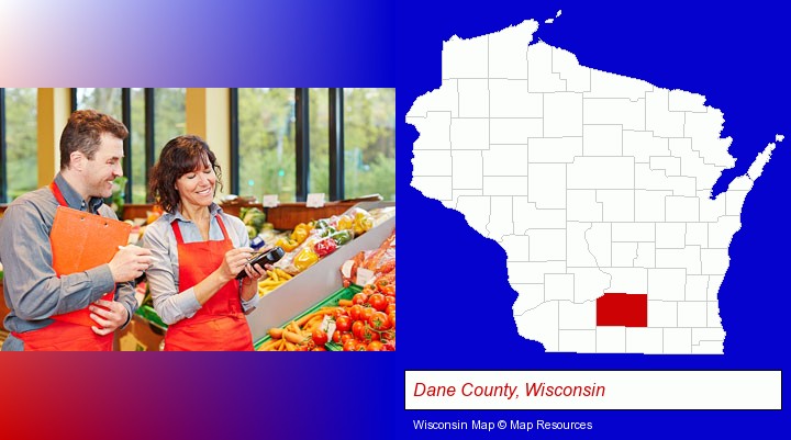 two grocers working in a grocery store; Dane County, Wisconsin highlighted in red on a map