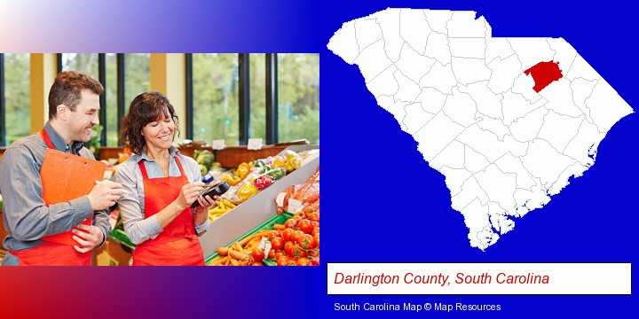 two grocers working in a grocery store; Darlington County, South Carolina highlighted in red on a map