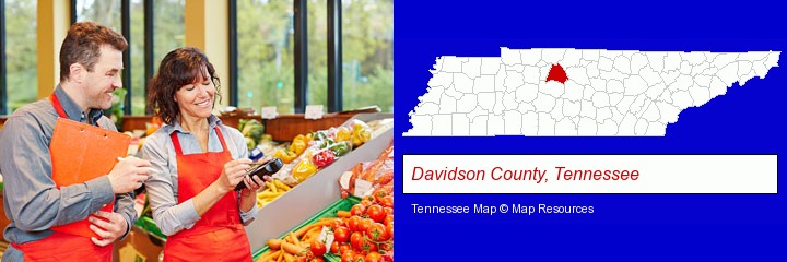 two grocers working in a grocery store; Davidson County, Tennessee highlighted in red on a map