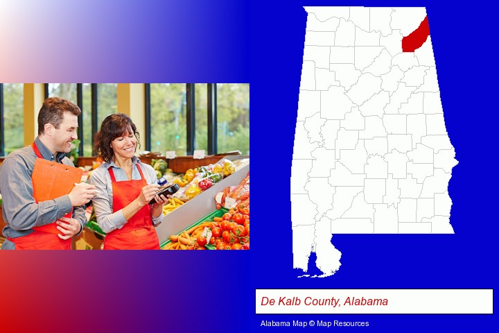 two grocers working in a grocery store; De Kalb County, Alabama highlighted in red on a map