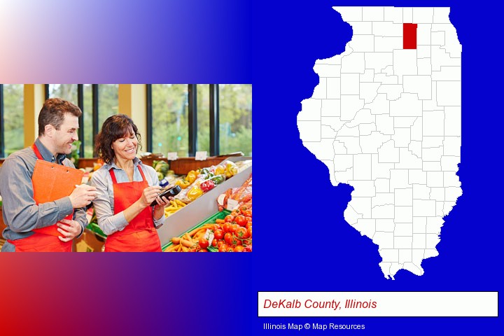 two grocers working in a grocery store; DeKalb County, Illinois highlighted in red on a map