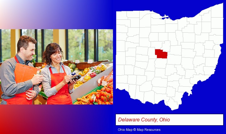 two grocers working in a grocery store; Delaware County, Ohio highlighted in red on a map