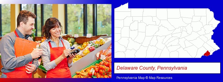 two grocers working in a grocery store; Delaware County, Pennsylvania highlighted in red on a map