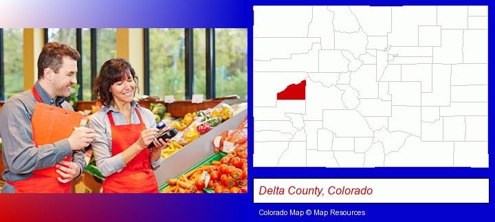 two grocers working in a grocery store; Delta County, Colorado highlighted in red on a map