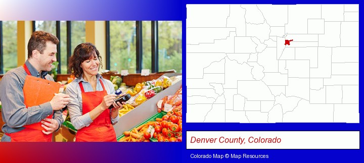 two grocers working in a grocery store; Denver County, Colorado highlighted in red on a map