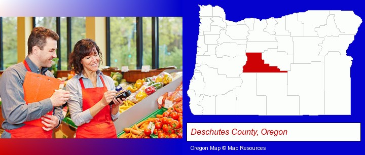 two grocers working in a grocery store; Deschutes County, Oregon highlighted in red on a map