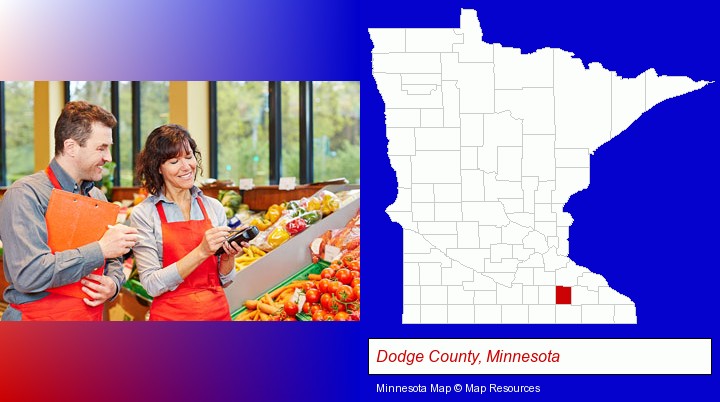 two grocers working in a grocery store; Dodge County, Minnesota highlighted in red on a map