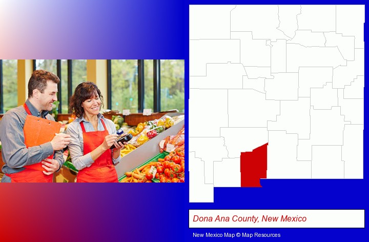 two grocers working in a grocery store; Dona Ana County, New Mexico highlighted in red on a map