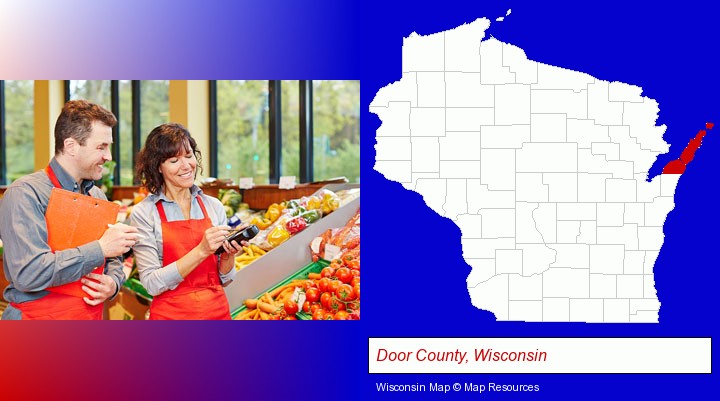 two grocers working in a grocery store; Door County, Wisconsin highlighted in red on a map