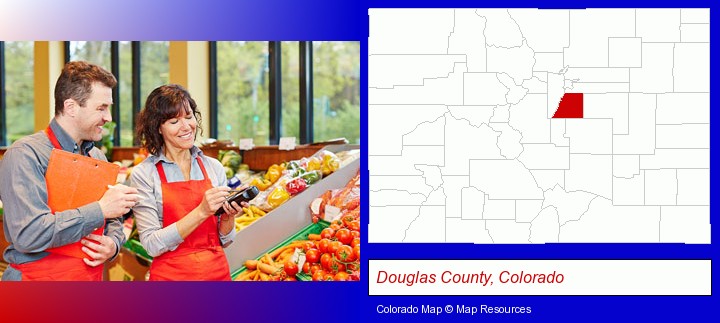 two grocers working in a grocery store; Douglas County, Colorado highlighted in red on a map