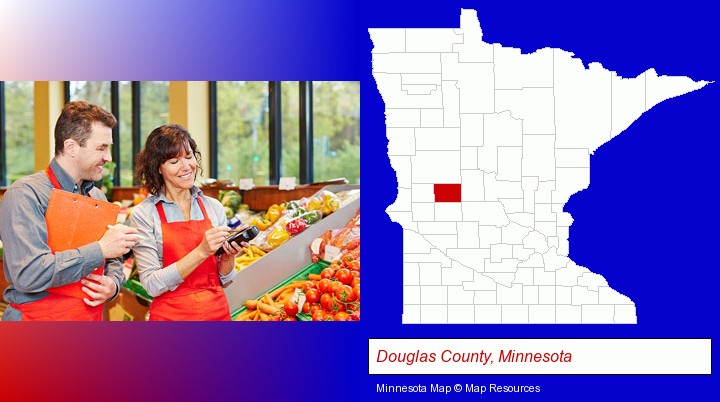 two grocers working in a grocery store; Douglas County, Minnesota highlighted in red on a map