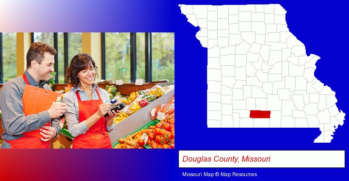 two grocers working in a grocery store; Douglas County, Missouri highlighted in red on a map