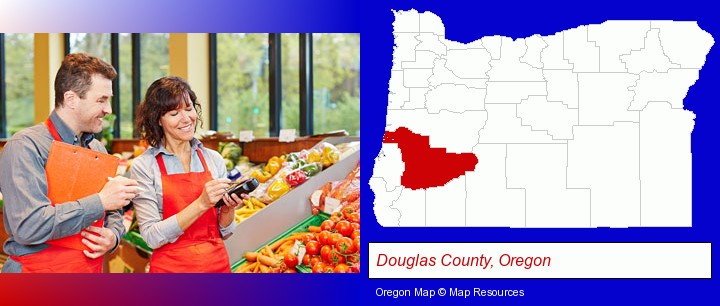 two grocers working in a grocery store; Douglas County, Oregon highlighted in red on a map