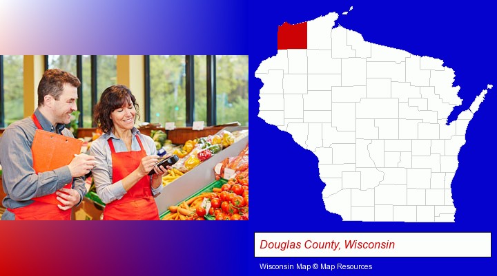 two grocers working in a grocery store; Douglas County, Wisconsin highlighted in red on a map