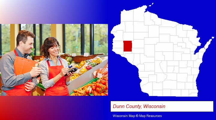 two grocers working in a grocery store; Dunn County, Wisconsin highlighted in red on a map