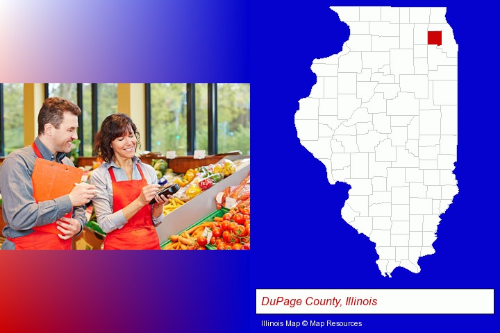 two grocers working in a grocery store; DuPage County, Illinois highlighted in red on a map