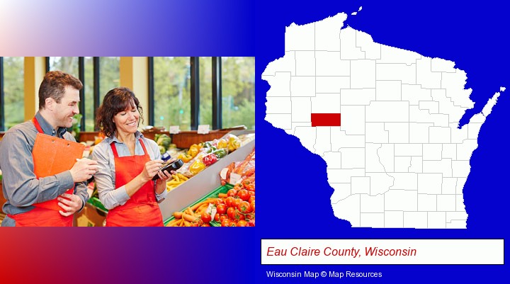 two grocers working in a grocery store; Eau Claire County, Wisconsin highlighted in red on a map
