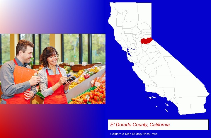 two grocers working in a grocery store; El Dorado County, California highlighted in red on a map
