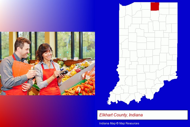 two grocers working in a grocery store; Elkhart County, Indiana highlighted in red on a map
