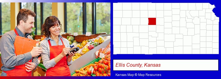two grocers working in a grocery store; Ellis County, Kansas highlighted in red on a map