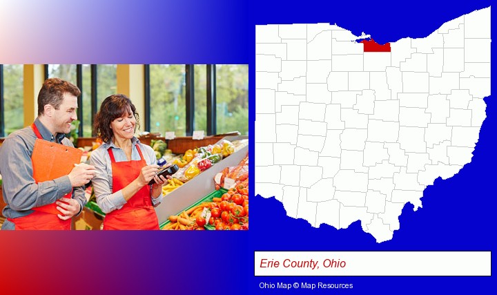 two grocers working in a grocery store; Erie County, Ohio highlighted in red on a map