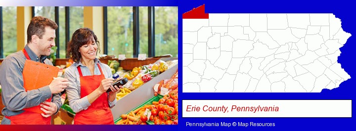 two grocers working in a grocery store; Erie County, Pennsylvania highlighted in red on a map