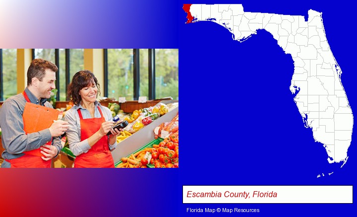 two grocers working in a grocery store; Escambia County, Florida highlighted in red on a map