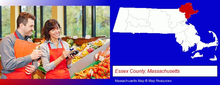 two grocers working in a grocery store; Essex County, Massachusetts highlighted in red on a map