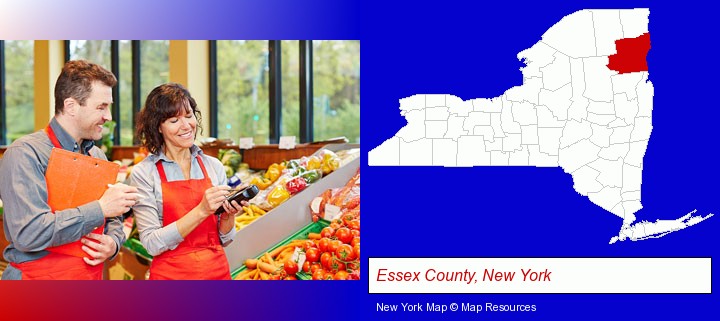 two grocers working in a grocery store; Essex County, New York highlighted in red on a map