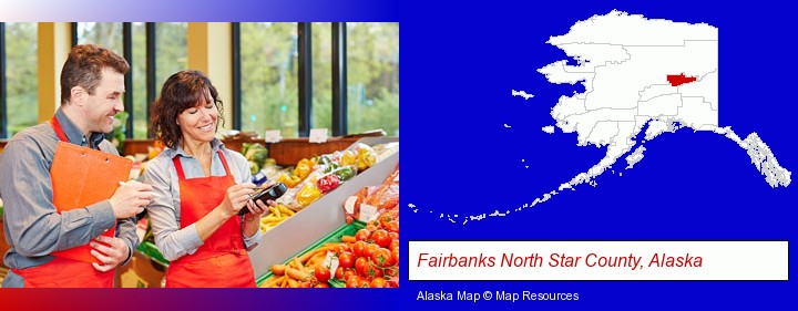two grocers working in a grocery store; Fairbanks North Star County, Alaska highlighted in red on a map