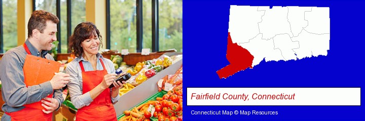 two grocers working in a grocery store; Fairfield County, Connecticut highlighted in red on a map
