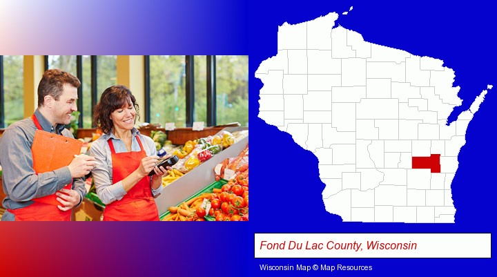 two grocers working in a grocery store; Fond Du Lac County, Wisconsin highlighted in red on a map