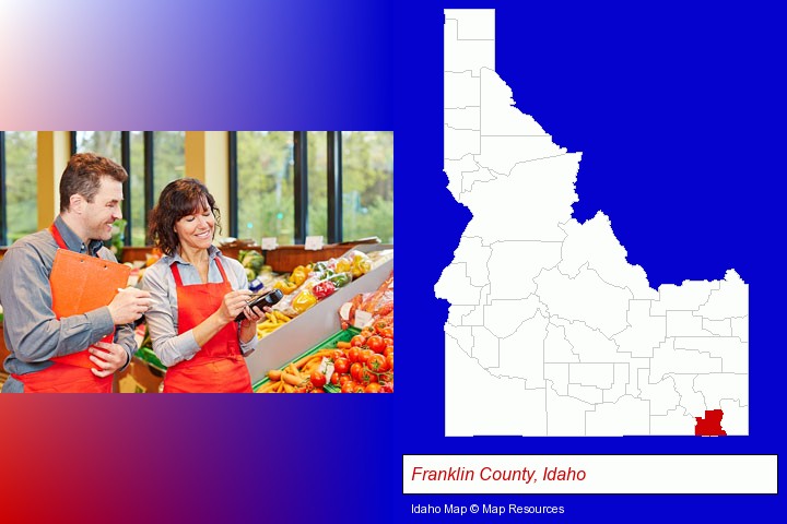 two grocers working in a grocery store; Franklin County, Idaho highlighted in red on a map