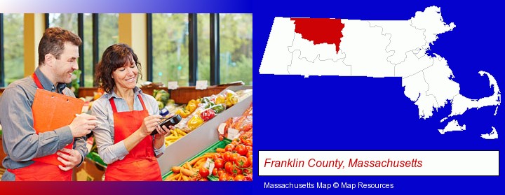 two grocers working in a grocery store; Franklin County, Massachusetts highlighted in red on a map