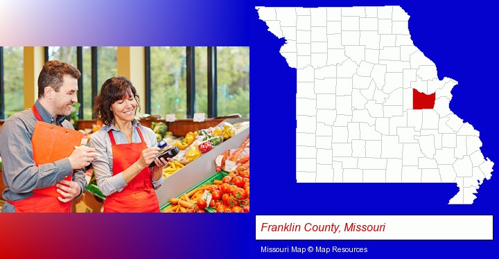 two grocers working in a grocery store; Franklin County, Missouri highlighted in red on a map