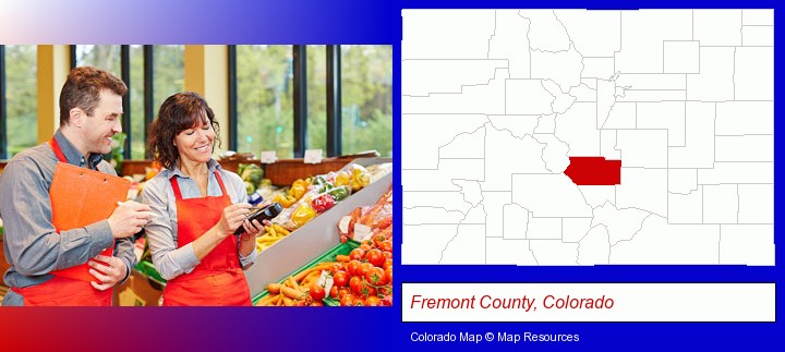 two grocers working in a grocery store; Fremont County, Colorado highlighted in red on a map