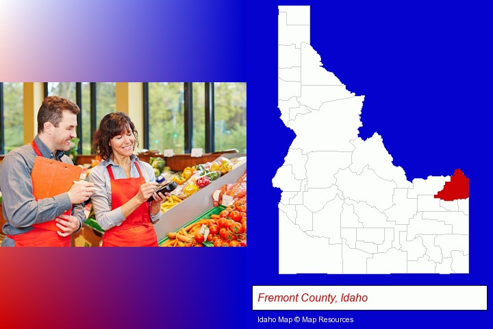 two grocers working in a grocery store; Fremont County, Idaho highlighted in red on a map