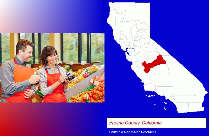 two grocers working in a grocery store; Fresno County, California highlighted in red on a map