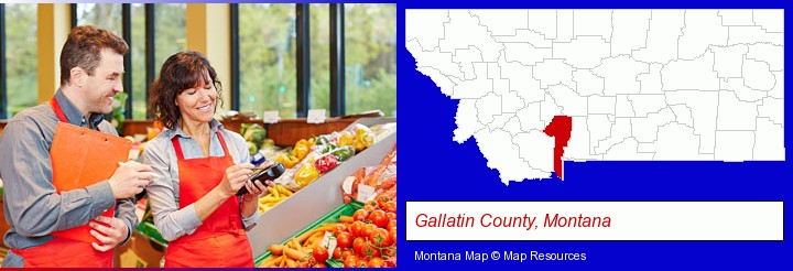 two grocers working in a grocery store; Gallatin County, Montana highlighted in red on a map