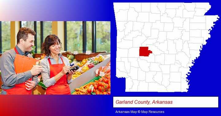 two grocers working in a grocery store; Garland County, Arkansas highlighted in red on a map