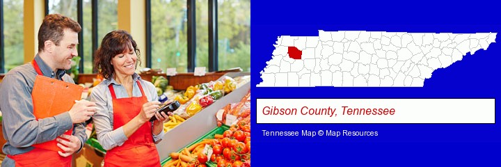 two grocers working in a grocery store; Gibson County, Tennessee highlighted in red on a map