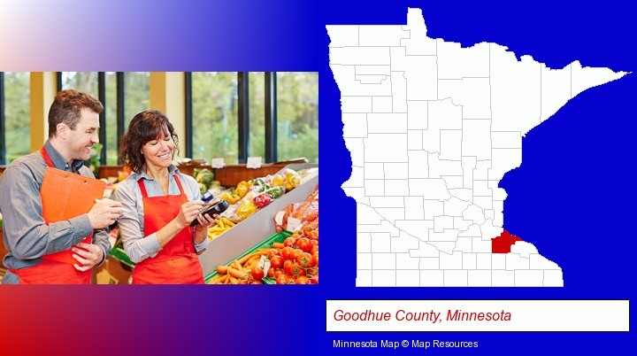 two grocers working in a grocery store; Goodhue County, Minnesota highlighted in red on a map