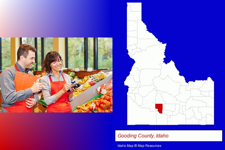 two grocers working in a grocery store; Gooding County, Idaho highlighted in red on a map