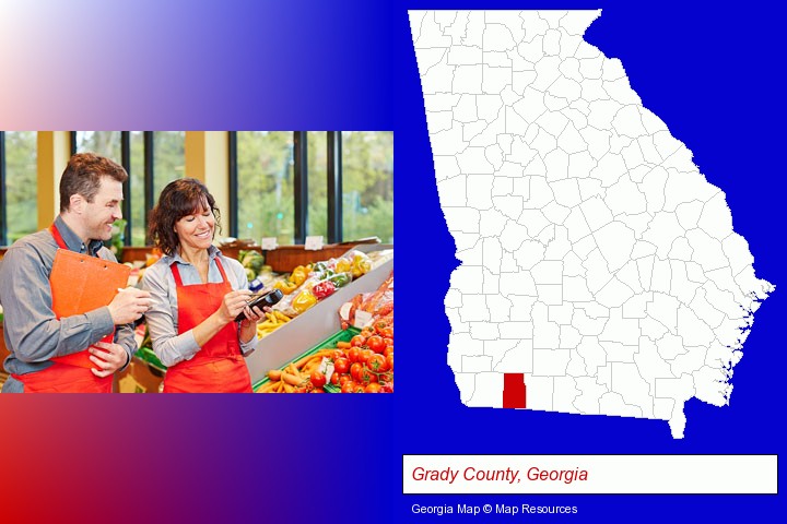 two grocers working in a grocery store; Grady County, Georgia highlighted in red on a map