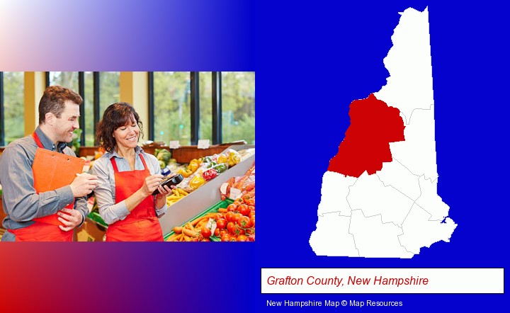 two grocers working in a grocery store; Grafton County, New Hampshire highlighted in red on a map